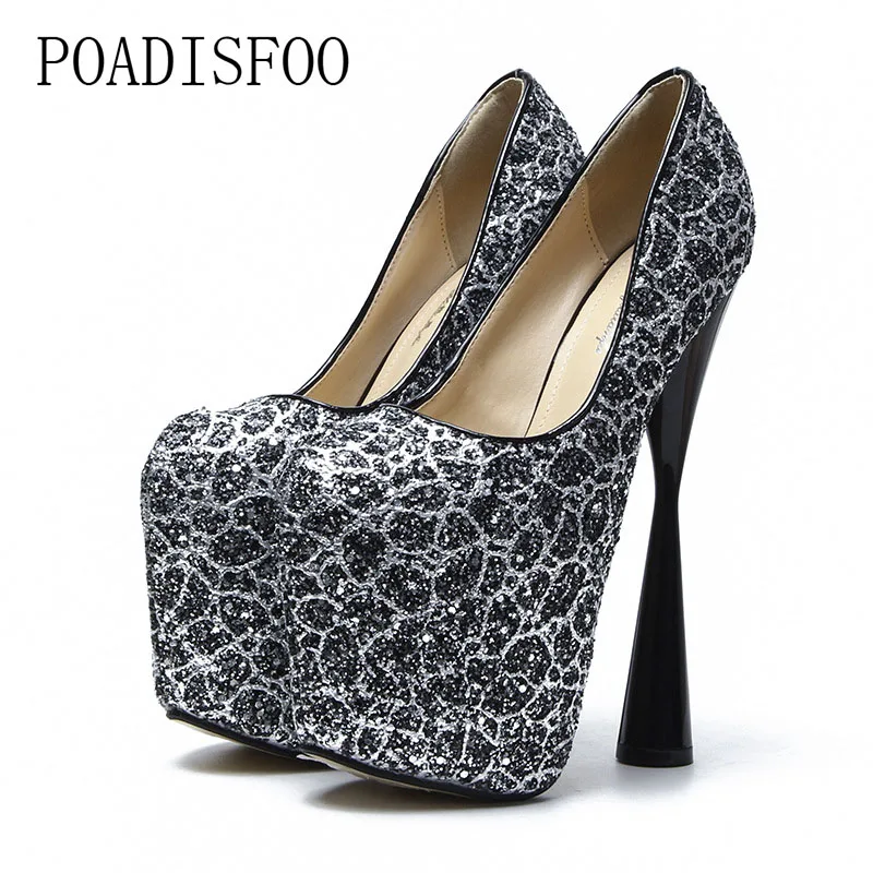 

POADISFOO 2018 Super High Thick 20cm Shallow Mouth Color Matching Sequins Nightclub women's Shoes Tide Sexy MJL-A6678-12D