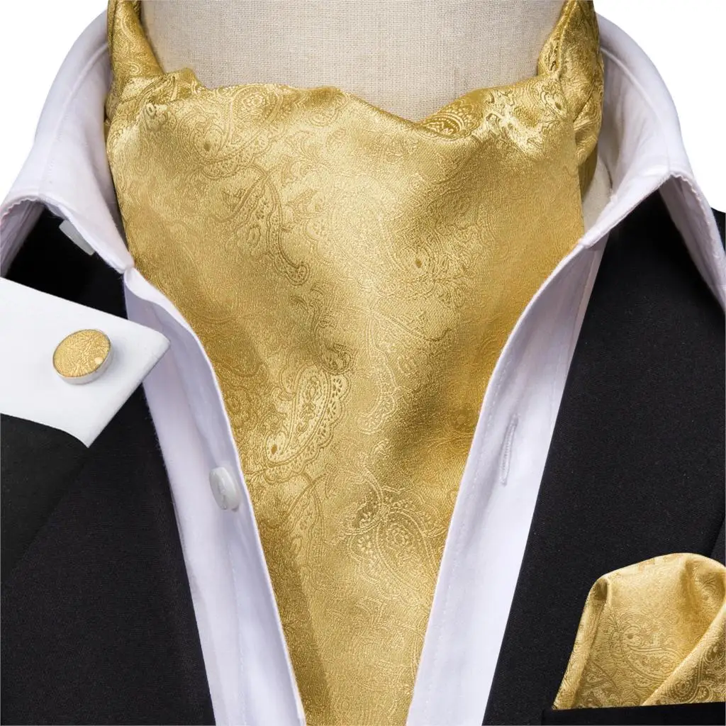 Hi-Tie Men Solid Yellow Ascot Gold Cravat Silk Scarf Ties Pocket Square Cufflinks Set Designer for Party Wedding Tie AS-1006