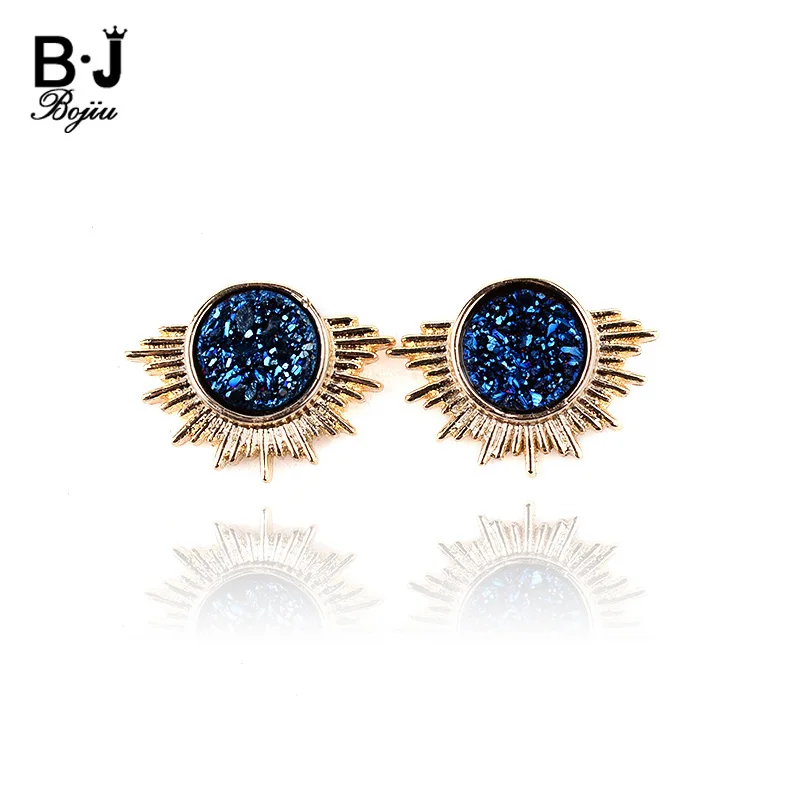 

BOJIU Black White Pink Blue Corine Druzy Stone Stud Earrings For Women Gold Ear Studs Female Pendiente Mujer Moda Ear Nail EA057