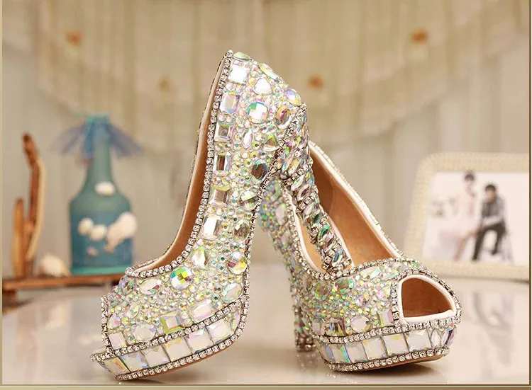 AB/Свадебная обувь с кристаллами женские туфли на высоком каблуке для невесты Вечерние модельные туфли для девочек Женская обувь на платформе с открытым носком, большие размеры