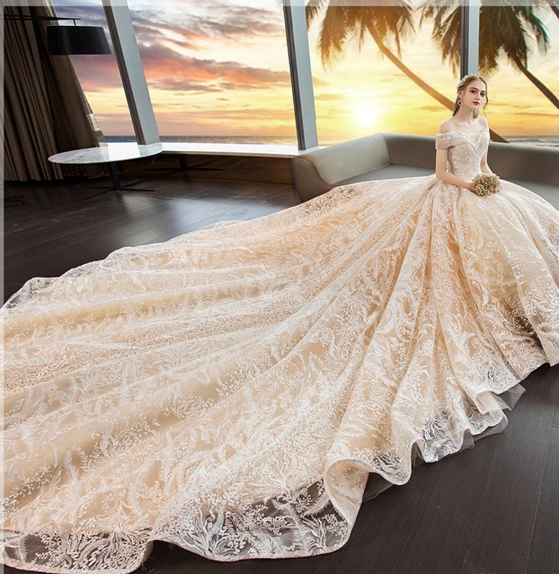 

2019 Luxury Shinny Wedding Dress Sweetheart Champagne Lace Applique Wedding Dresses Muslim Bridal Gowns Robe De Mariage