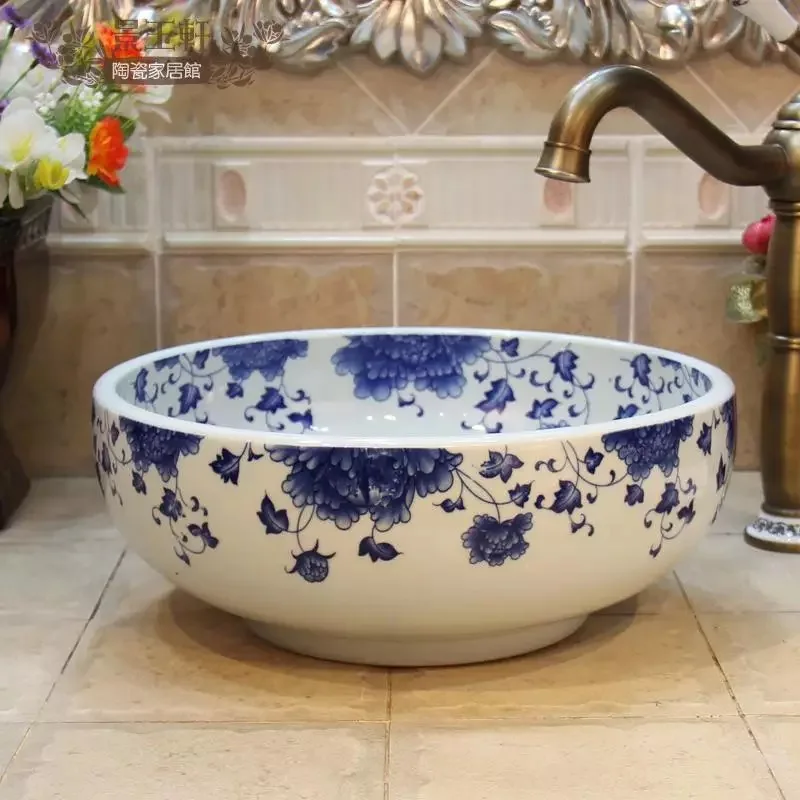 Высококачественная синяя и белая керамическая Столешница умывальник для ванной комнаты