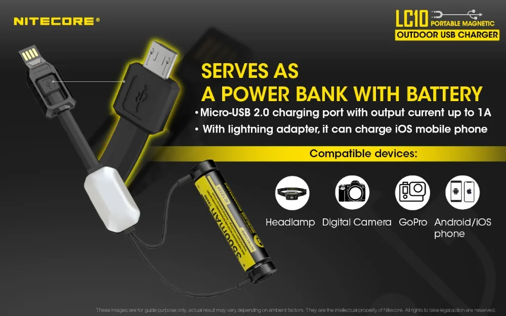 NITECORE LC10 портативное магнитное внешнее USB зарядное устройство для цилиндра литий-ионная аккумуляторная батарея 1A MAX DC 5V с датчиком светильник