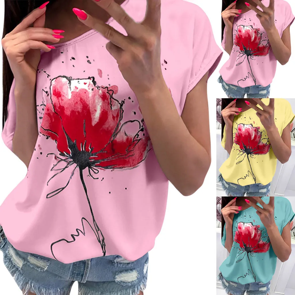 Women Blouse Fashion Chiffon Casual Floral Print Short Sleeve Loose Top Ladies O-Neck Vogue Summer Shirt blusas de mujer verano |