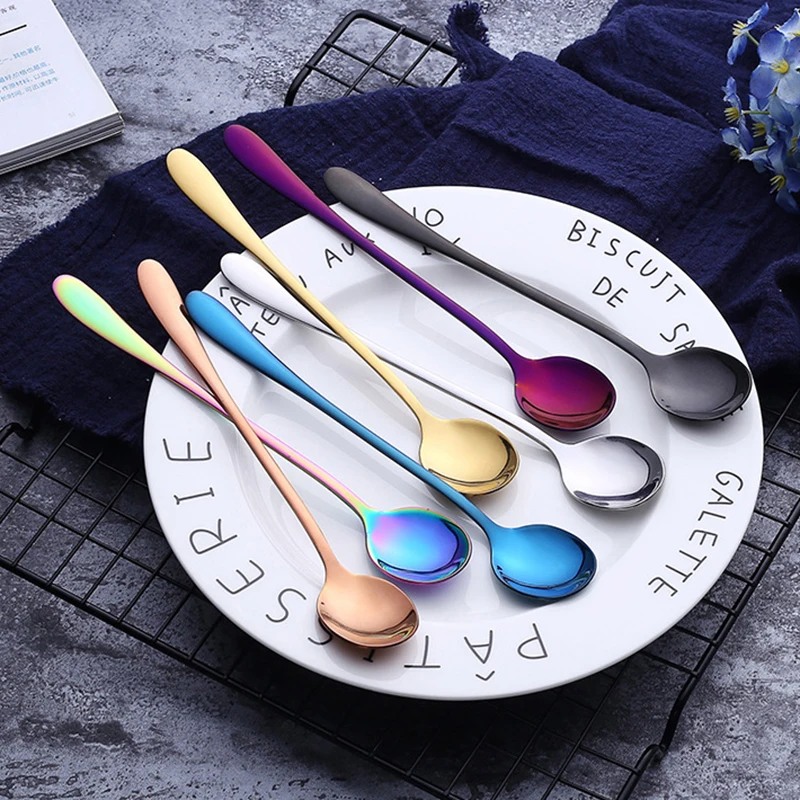 

Stainless Steel Teaspoon Wedding Rainbow CutleryLong Handle Coffee Spoon Set Ice Cream Tea Spoon Golden Flatware Restaurant