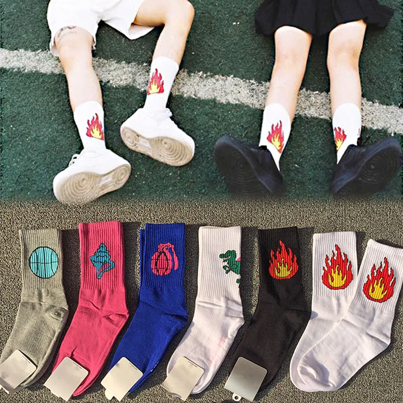 

LNRRABC New jacquard Socks Hot Sale Cotton 9 Patterns Funny Women Fire Print Creative Lovers In Tube Cotton Socks for Female