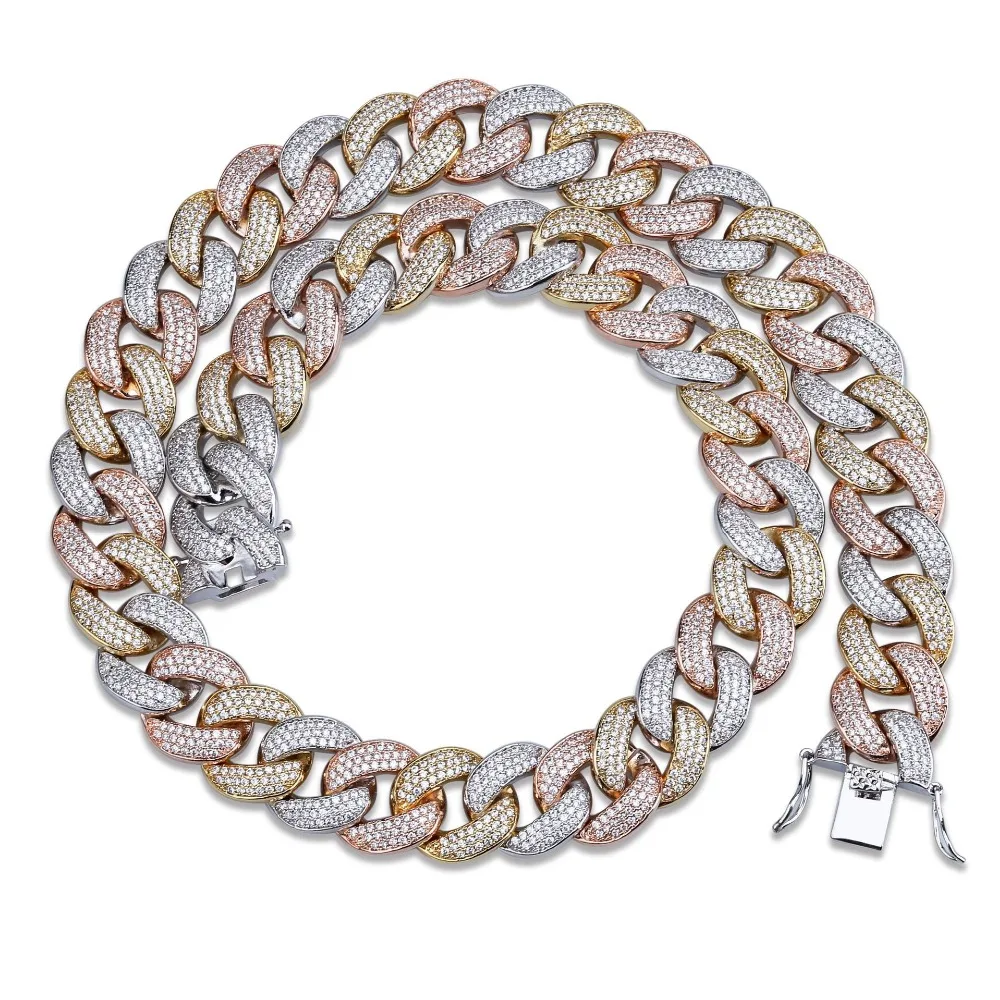 

Three-color Men's Big Cuban Chain Necklace Bling Bling Copper Metal Zircon Golden Necklaces For Hip Hop Men Fashion Jewelry 2018
