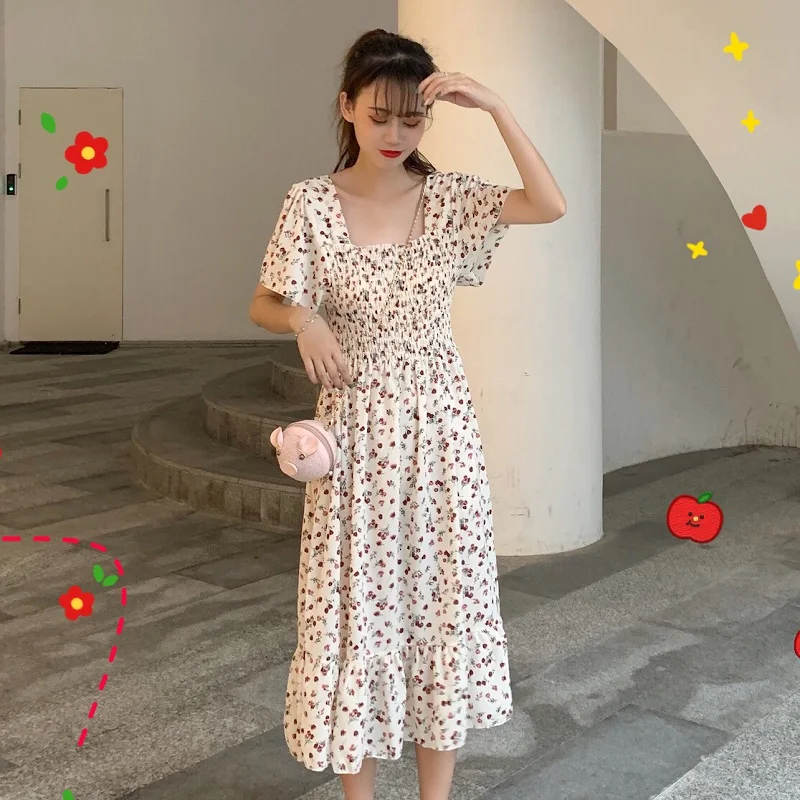 Женское платье с цветочным принтом Kawaii милое летнее шифоновое трапециевидной