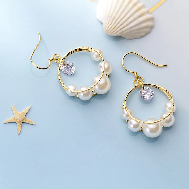 

MloveAcc Pretty Big Round Dangle Earrings 925 Sterling Silver Clear CZ & Pearl Gold Drop Earrings for Women Silver Jewelry