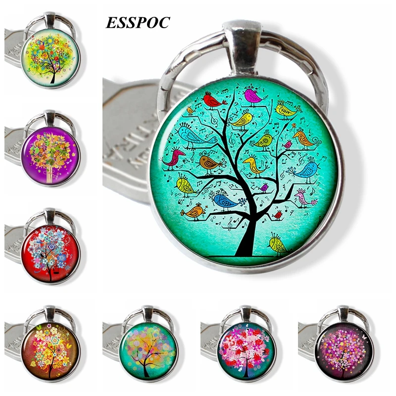 

Cartoon Keychain Birds and Tree Glass Cabochon Metal Keyring Tree of Life Jewelry Fashion Accessories for Daughter Birthday Gift