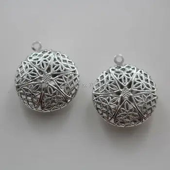 

20x5mm Rhodium tone Plated Brass Mini Circle Round Filigree Essential Oil Aromatherapy Diffuser Perfume photo Locket Pendant