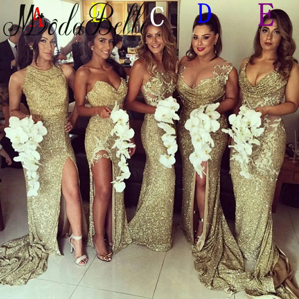 Buy Cheap modabelle 5 Styles Mermaid Gold Bridesmaid Dresses High Slit Floor Length Wedding Guest Dress Sequins Robe Demoiselle D'honneur