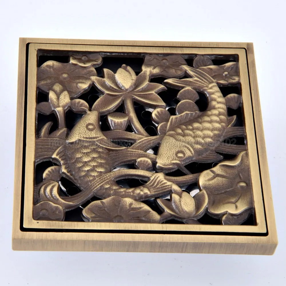 Antique Brass Anti-odor Floor Drain Fish Design Shower Drain 4" Square Bathroom Floor Waste Drain Water Drainer zhr081
