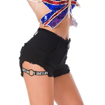 

Womens Sexy High Waist Stretchy Denim Shorts Letters Bandage Ripped Hole Washed Distressed Beach Mini Hot Night Clubwear