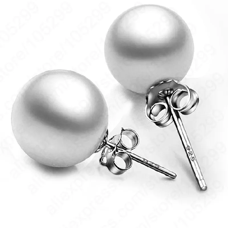 

JEXXI One Pair New Real Pure 925 Sterling Silver 8MM Round Pearl Beads Stud Earrings Jewelry With Back Stoppers 2 Colors