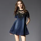 Save 3.4 on Mesh Embroidery Denim Dress Patchwork Loose A-line Summer Dress Mini Dress Jeans Women Short Sleeve Plus Size S-3XL D6628