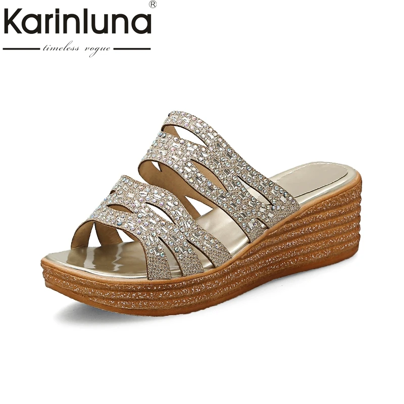 

KARINLUNA brand shoes plus size 32-40 bling upper women shoes comfortable wedge heels summer mules pumps woman shoes