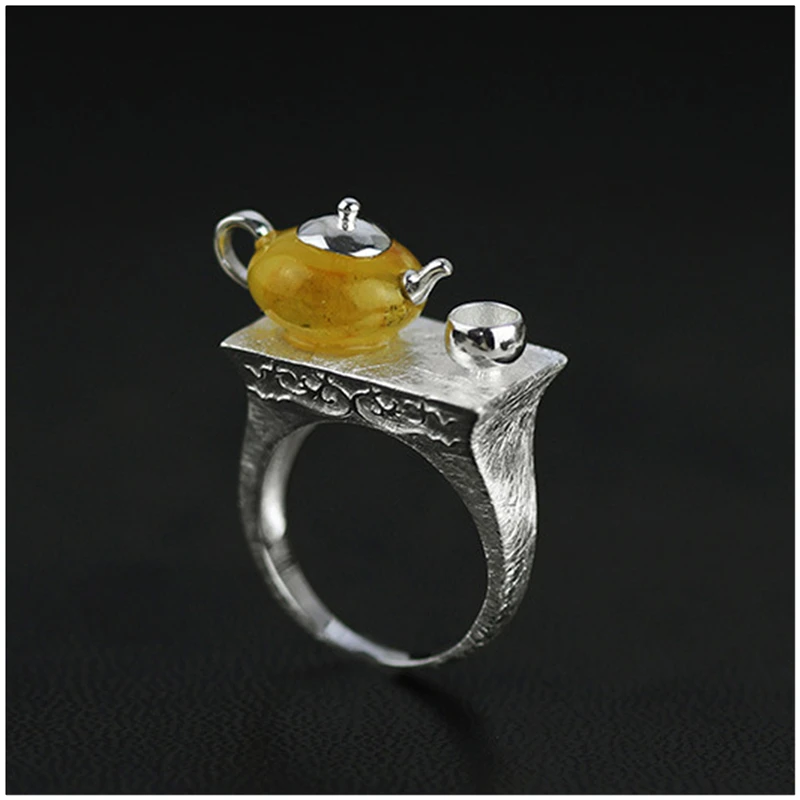 Lotus Fun Real 925 Sterling Silver Vintage Ring Natural Amber Original Handmade Fine Jewelry Cute Teapot Rings for Women Gift