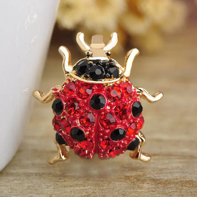 Madrry Red Crystals Ladybug Brooches For Women Men Gold-color Cute Insect Broches Collar Clips Badge Pins Dress Hats Accessories