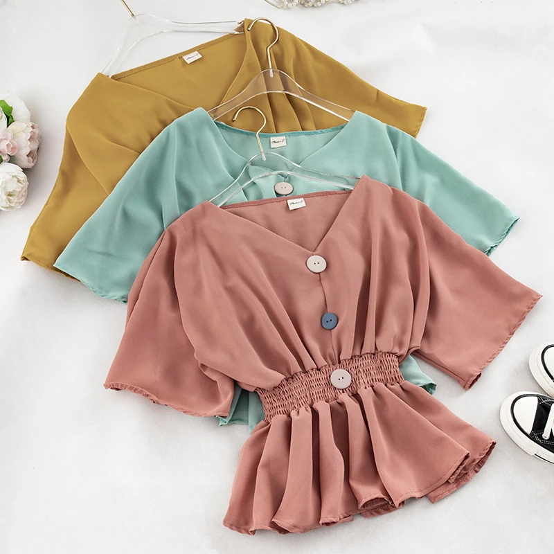 

Women Summer V-Neck Half Flare Sleeve Button Ruffles Basic Shirts Vintage Short Elastic Slim High Waist Button Blouse Crop Tops