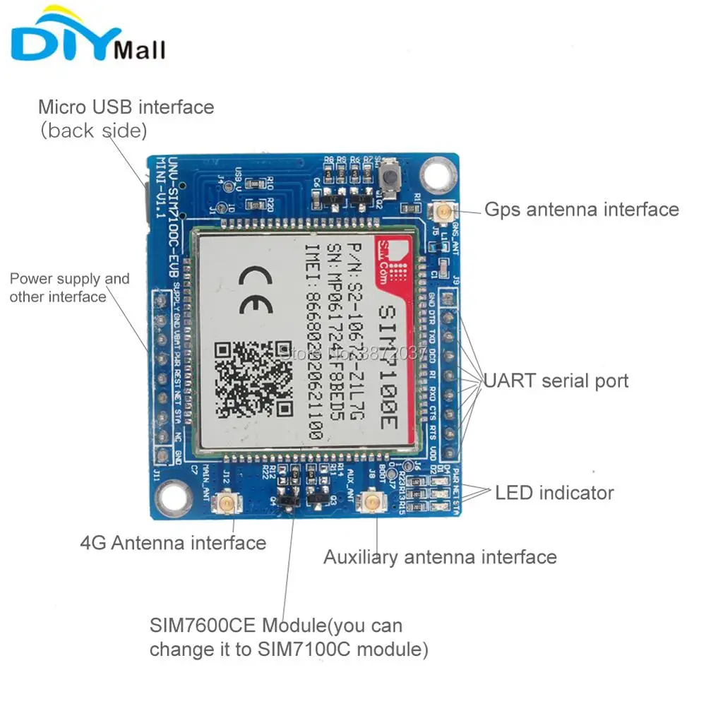 Макетная плата модуля 4G с европейской сетью SIM7100E + антенна для Arduino Raspberry Pi Android Linux