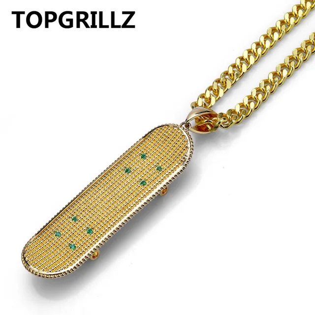 US $12.40 TOPGRILLZ Hip Hop Gold/Silver Color Iced Out Micro Pave CZ Stone Skateboard Pendant Necklaces Coppe