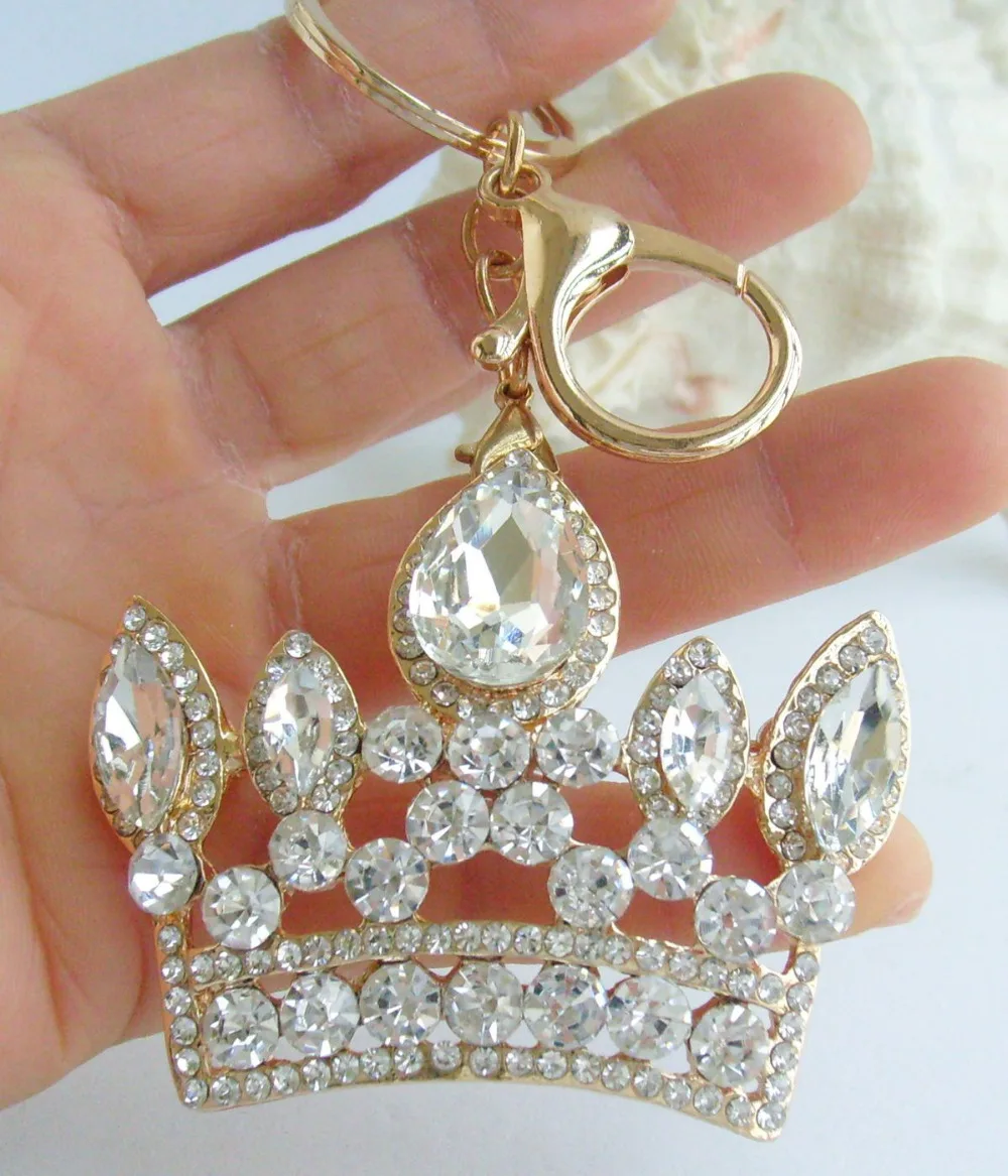 GoldTone Crown Keychain Pendant Clear Rhinestone Crystal K05050C8in