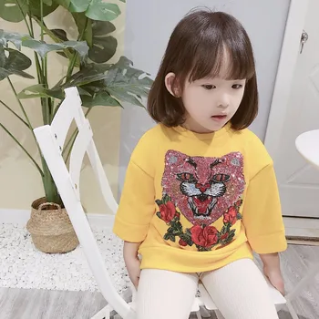 

Kids Fashion Clothes Gils Autumn New Design Tops Yellow Sequins Long Sleeve Tops Embroidered Floral Cat Pattern Girls Clothes