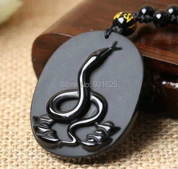 

New Beautiful Handwork Natural Black Obsidian Carved Chinese Zodiac Snake Lucky Amulet Pendants free Necklace fashion Jewelry