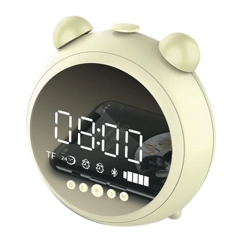 Будильник Hd зеркало с ночной Светильник Fm радио беспроводной Bluetooth динамик поддержка Aux Tf плеер детские часы светодиодный цифровой - Цвет: Lemon Green
