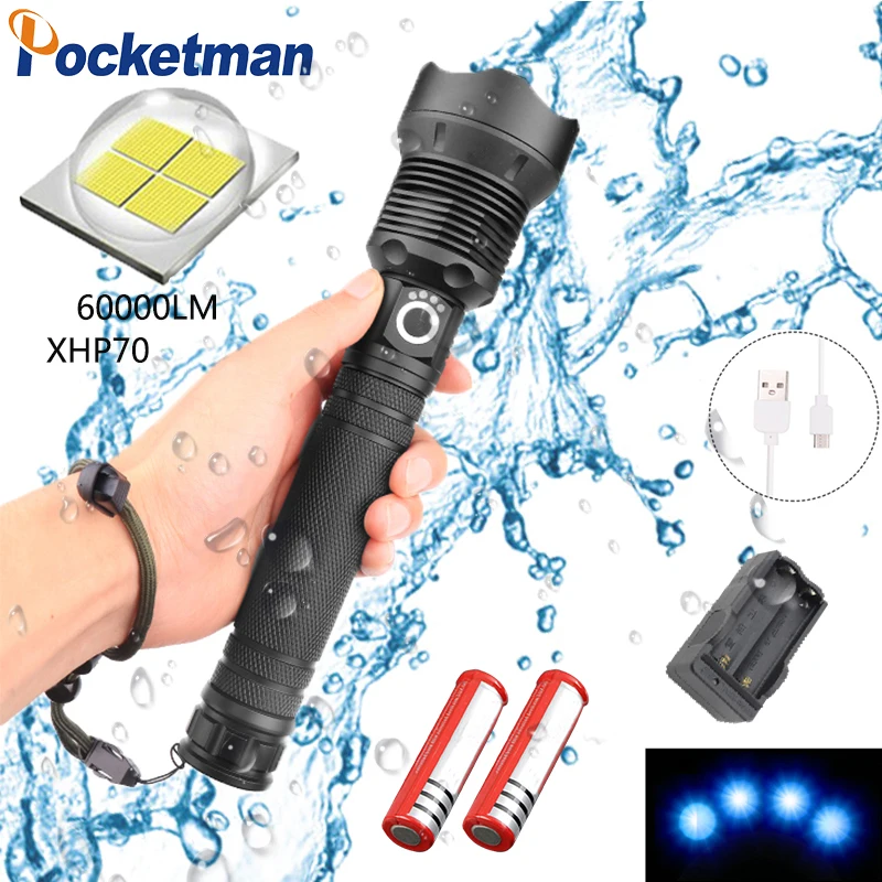 

2019 Powerful Super Bright XHP70 LED Flashlight Waterproof Zoomable Power Displayer 3 Modes Aluminum Alloy with USB Charging z45