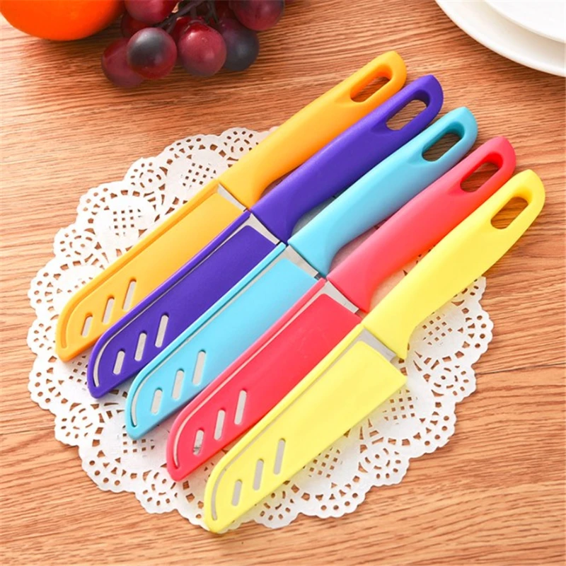 Дешевый Нержавеющая сталь фрукты для очистки овощей нож с фиксированным лезвием конфеты цвета ручка ПП оболочка очищающий Резак Кухня туристическ...