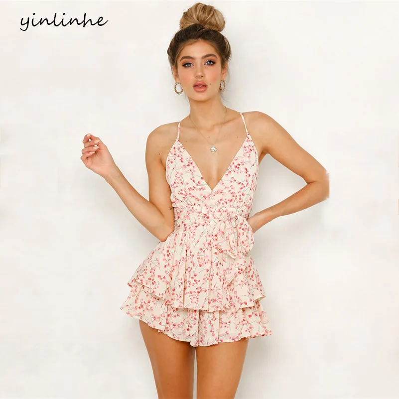 

yinlinhe Red Chiffon Summer Playsuit V neck Backless Sexy Beach Overalls For Women Short Jumpsuit Sash Slim Ruffles Rompers 892