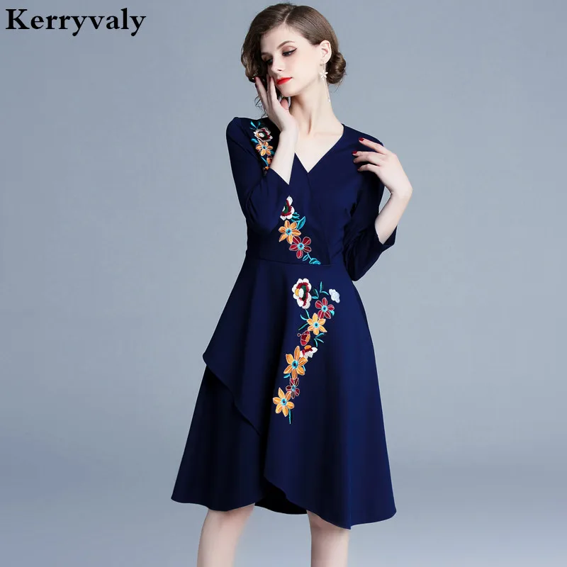 Весеннее голубое платье принцессы с цветочной вышивкой; ropa mujer Verano; коллекция года; рождественское элегантное женское платье миди; вечерние платья; Robe Femme; K9121