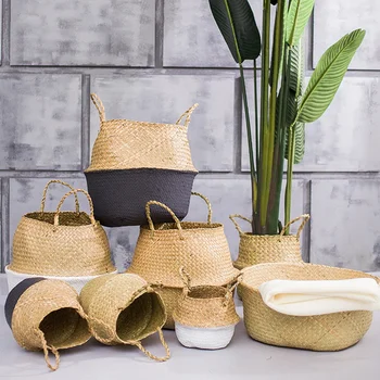 

Handmade Wicker Baskets Foldable Laundry Woven Storage Basket Natural Rattan Seagrass Garden Flower Pot Planter Basket White