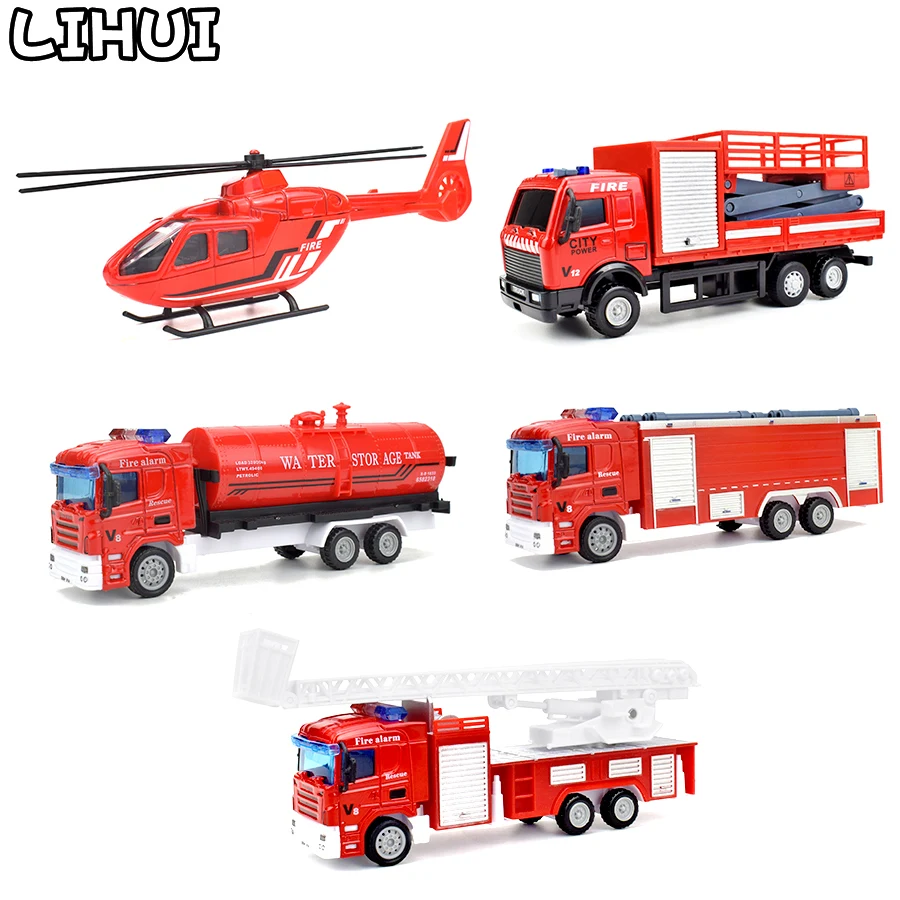 

5 PCS Set Fire Truck Alloy Toys for Boys Diecast Inertial Pull Back Vehicles Kids Toys Helicopter Car Model Gifts for Children