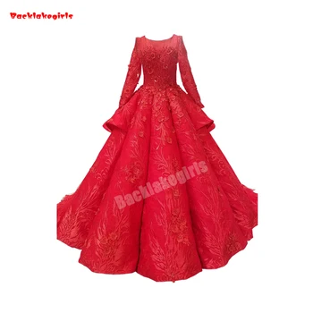 

2771 Red Wedding Dress For Sale Long Sleeve Embroidery Lace Applique 3D Lace Flower Bridal Dress