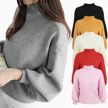 

2019 winter new Korean version of the solid half-high collar pullover sweater female loose wild lantern sleeve sweater