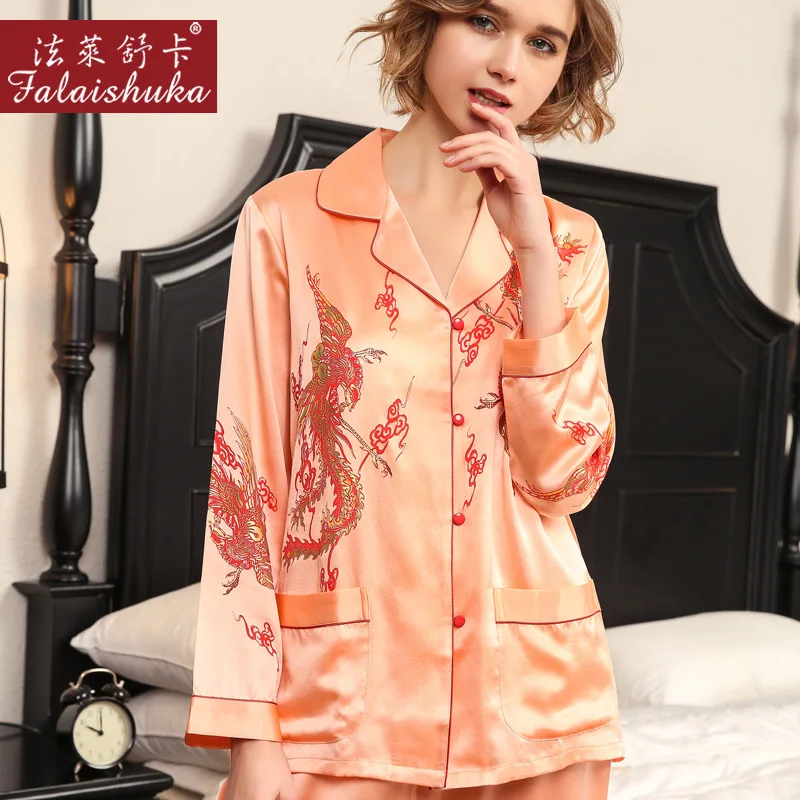 Real Silk Pajama Female Long-Sleeve Silkworm Silk Couple Marry High Quality Printed SILK Sleepwear Male Two-Piece Sets T8196QL