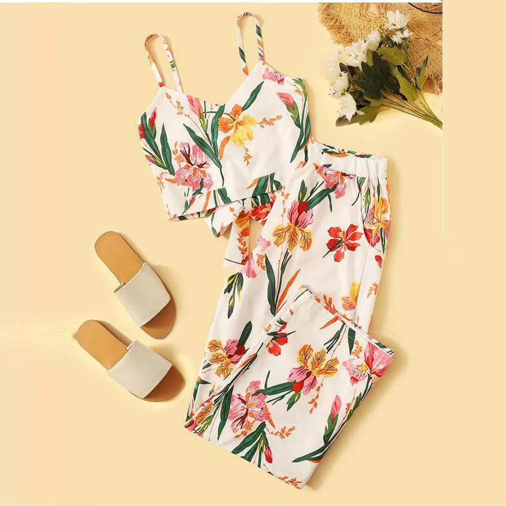 

SAGACE Fashion Women Tops And Pants Suit Sets Casual Floral Printed Sleeveless Camis Blouse+Long Hot Long Pants Set 2PCS MAY30