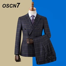OSCN7, двубортные костюмы на заказ, Мужские приталенные костюмы для свадебной вечеринки, мужской костюм на заказ,, 3 предмета, блейзер, брюки, жилет, ZM-586
