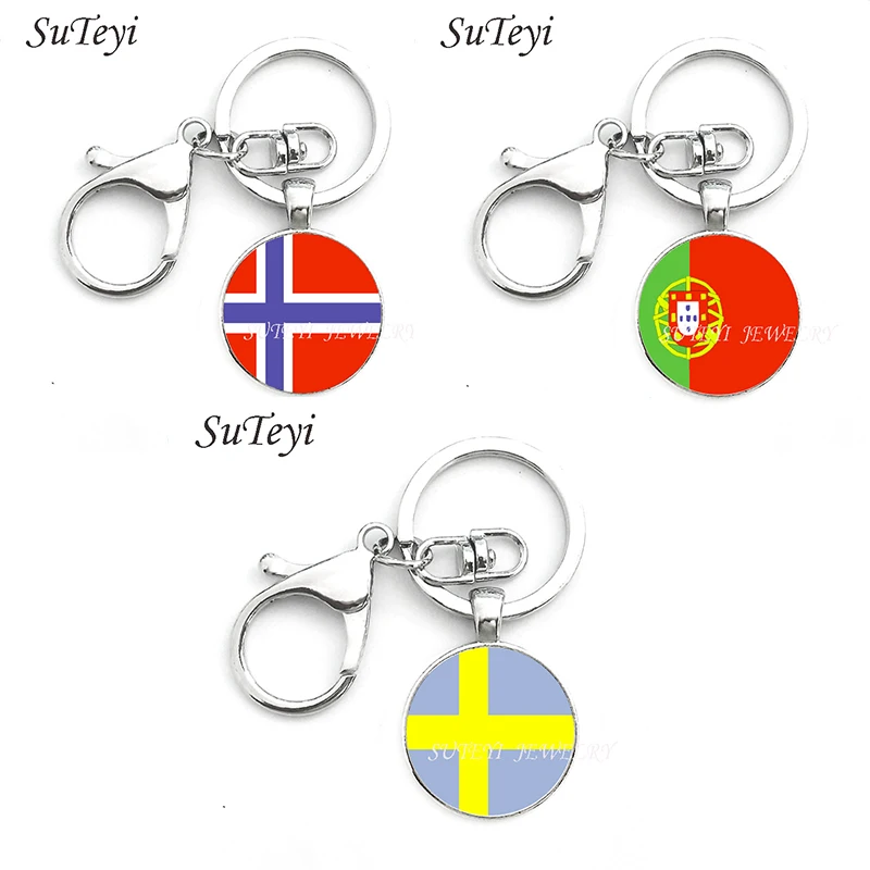 

DIY Women Handbag Jewelry Norway and Portugal and Sweden Flag Key Ring Glass Cabochon Pendant Bag Key Chain Men Car Keychain