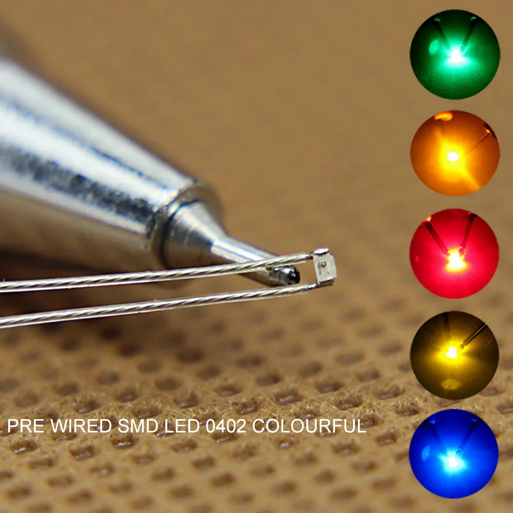 

Evemodel 20pcs SMD LED 0402 Light Pre-wired PTFE Wire RED Yellow Green Blue Orange White T0402