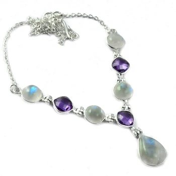 

Nature Rainbow moonstone + Amethyst Necklace 925 Sterling Silver, 41.5 cm, MHBNE0115