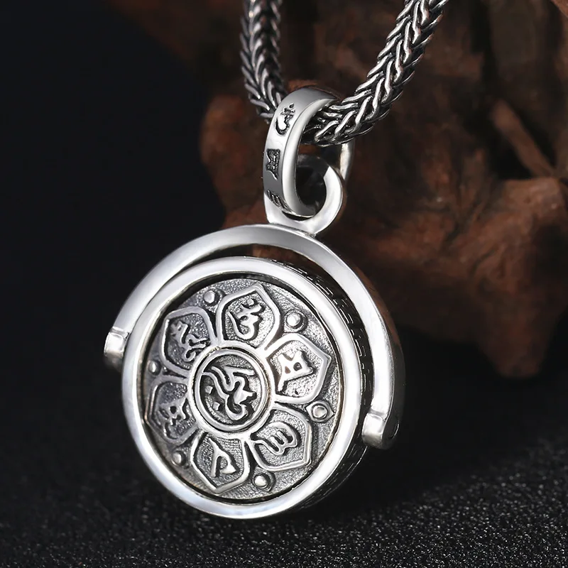 

Retro Solid Real 925 Silver Sterling Necklace vintage lucky Chinese Thai Silver yoga Rotating Six-Word Mantra pendant