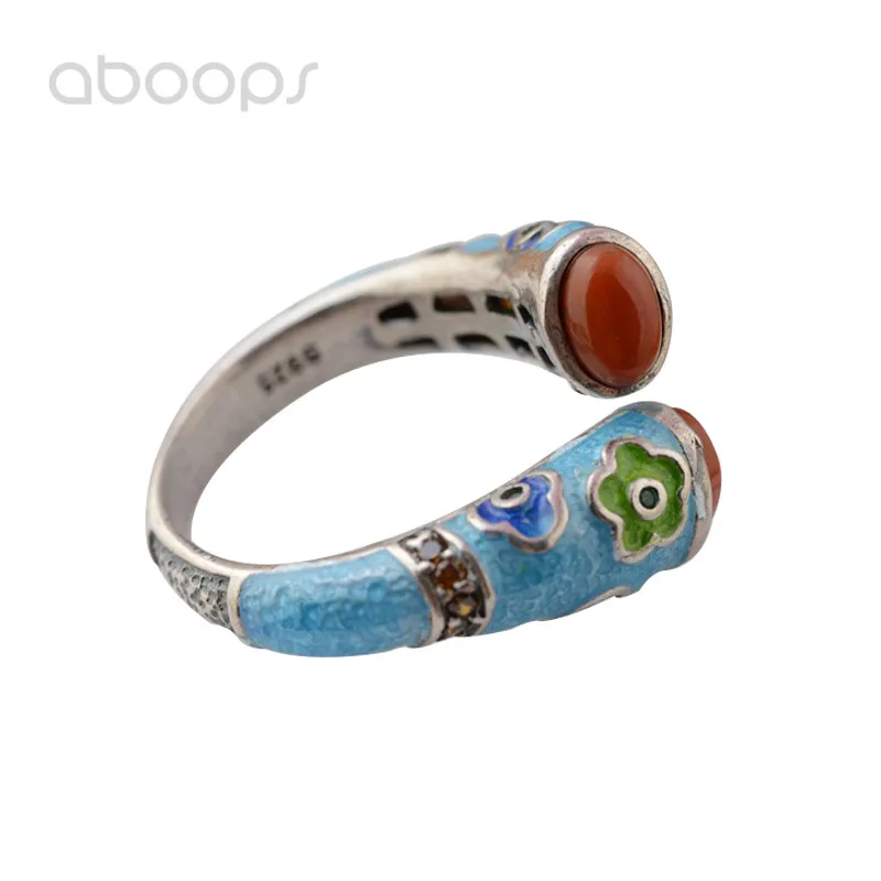 

Fashion Ethnic 925 Sterling Silver Enamel Open Ring with Red Green Stone for Women Girls Adjustable Free Shipping