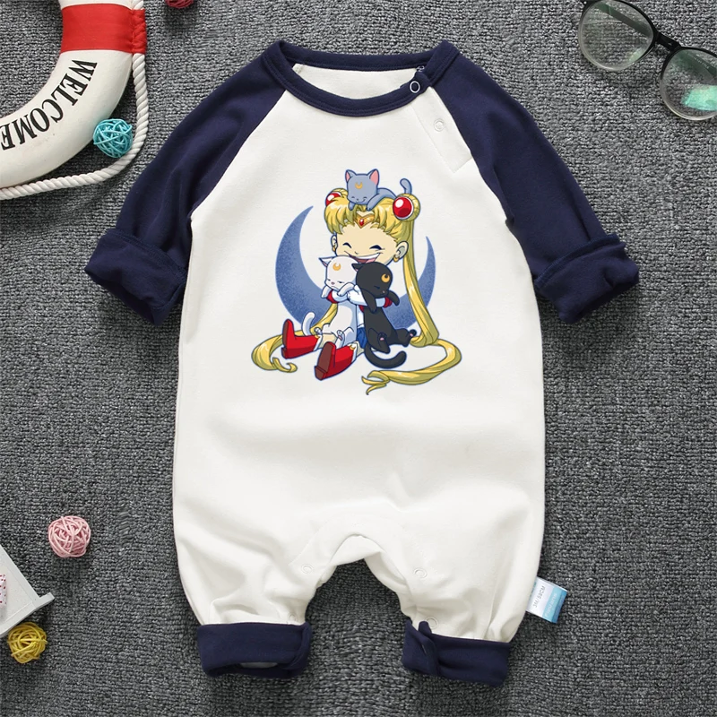 Одежда для новорожденных девочек хлопковые Комбинезоны для малышек Сейлор Мун с принтом милые детские пижамы осень-зима комбинезон для малыша - Цвет: Navy Blue