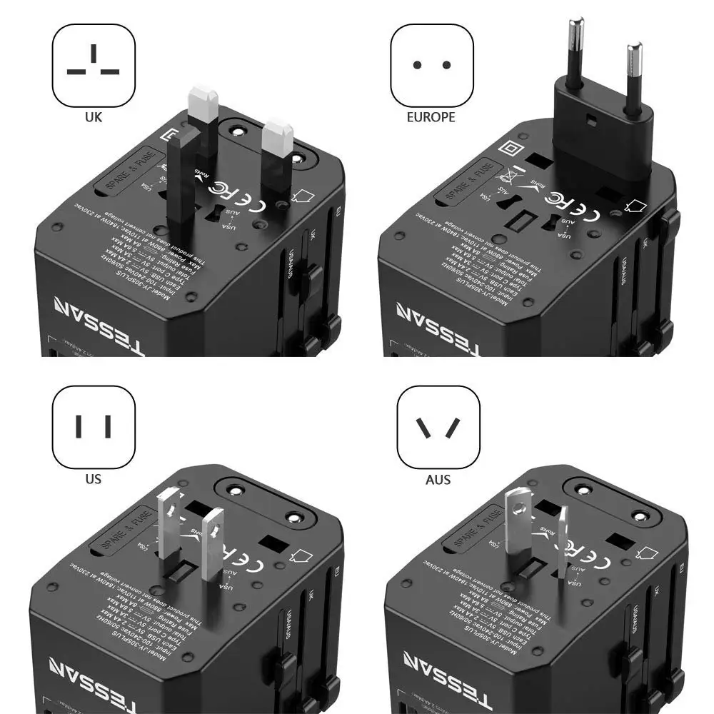 Универсальный дорожный адаптер TESSAN 3USB/2USB порта порт s Tpye C 3 0 переменного тока для
