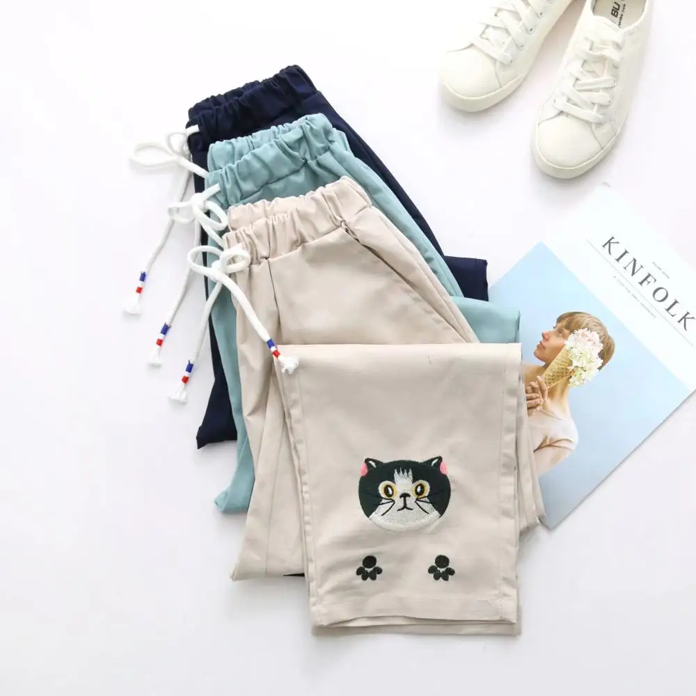 

Japanese Mori girl small fresh embroidery cat head cropped trousers women casual straight loose pants preppy style new pants
