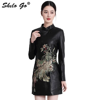 

Fashion women high quality Sheep skin Mandarin collar vintage luxury Sequins beading Phoenix genuine leather sexy pencil dress